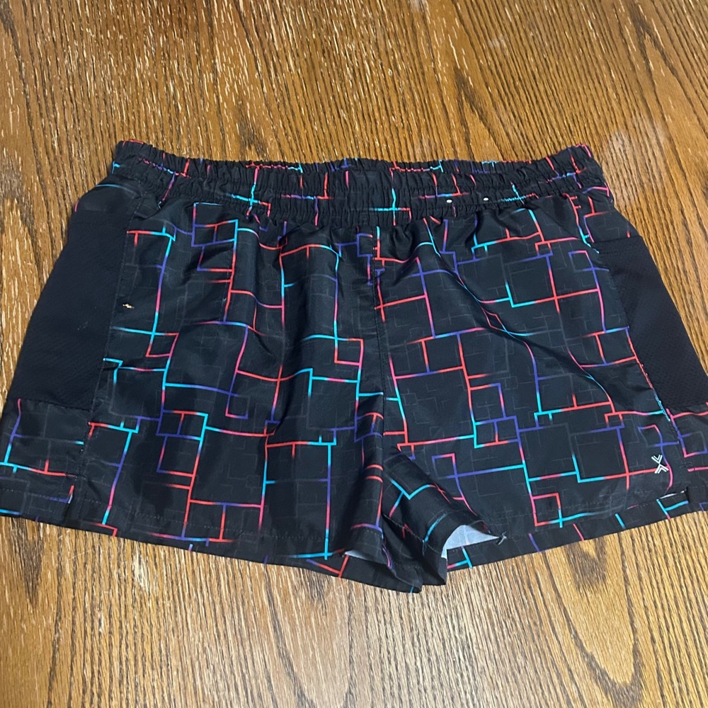 Xersion Quick-Dri Athletic Shorts 2XL Black Neon Geometric Grid Running Gym